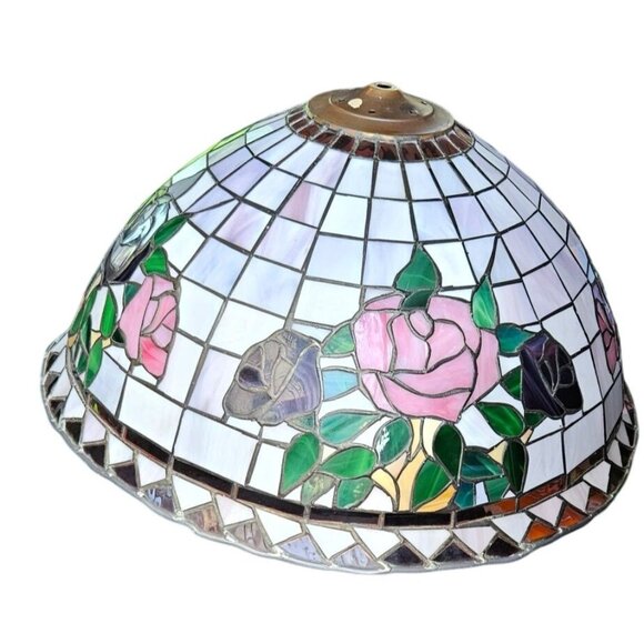 Vintage Light Pendant Tiffany-Style Stained Leaded Glass Floral Brass 21" Dia - Picture 1 of 13